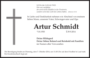 Traueranzeige von Artur Schmidt von Pegnitz-Zeitung